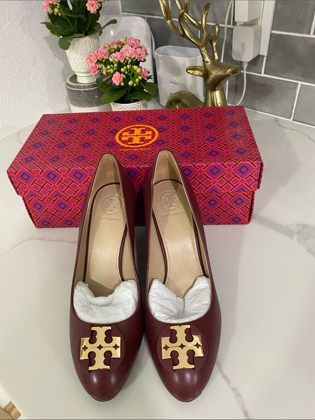 Tory Burch Burgundy Leather Logo Flats With Gold Hardware